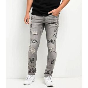 Rogue ninth hall Zumiez skater Grey graphic skinny jeans words distressed size 3